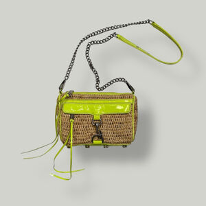 Authentic REBECCA MINK OFF Crossbody Women Bag Straw Mini M.A.C Green Patent
